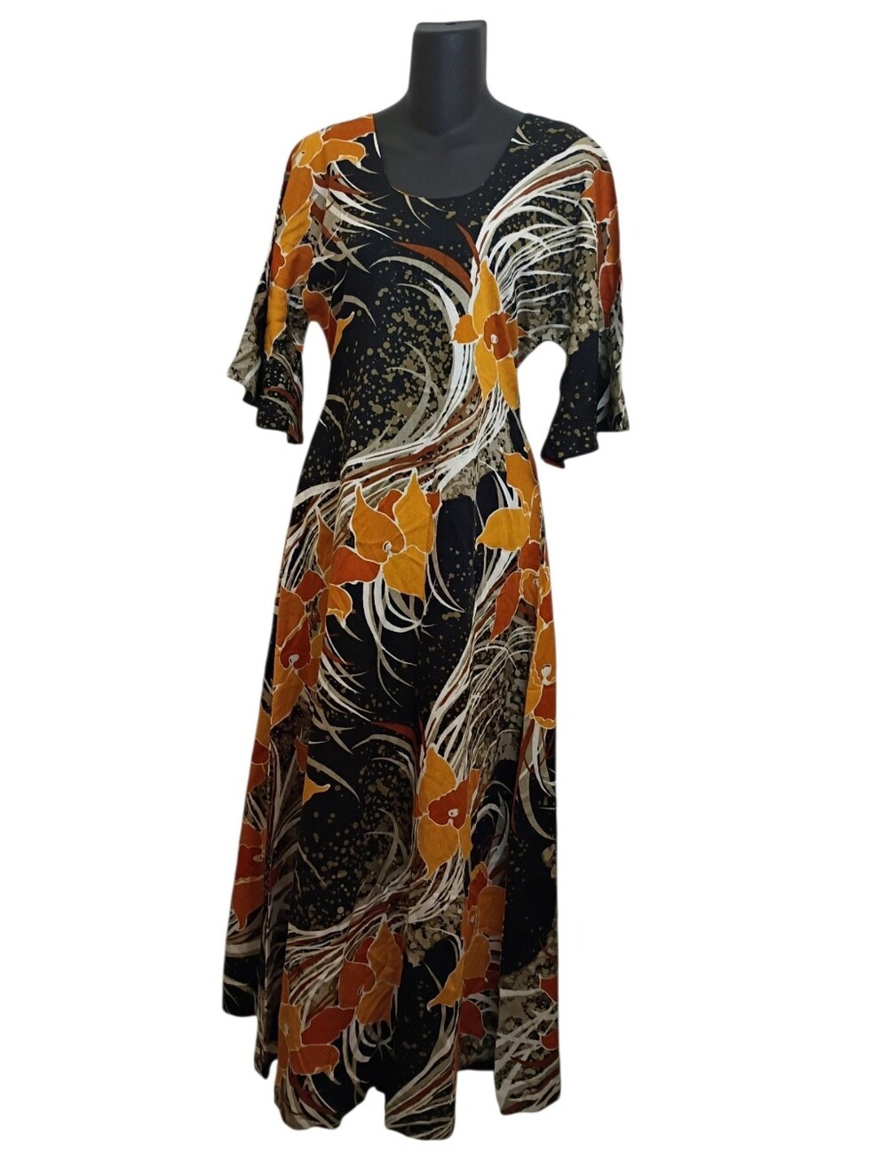 Women’s Black and Mustard Floral Maxi Dress - Elegant Scoop Neck Vintage Shift